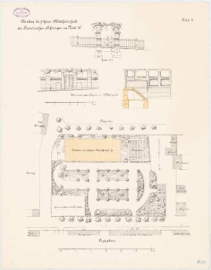 Höhere Mädchenschule der Franckeschen Stiftung, Halle/Saale: Lageplan 1:250; Hofmauer mit Aschen- und Müllgrube 1:50; Gartentür im Aufriss 1:50