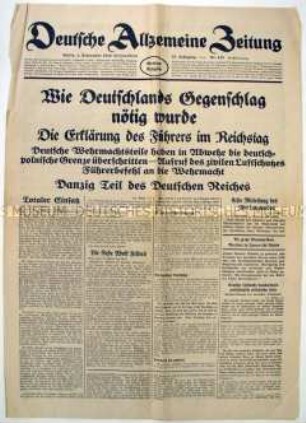 Tageszeitung "Deutsche Allgmeine Zeitung" zum Überfall der Wehrmacht auf Polen