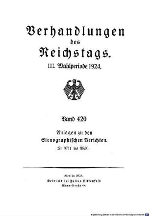 Verhandlungen des Reichstages. Stenographische Berichte. 420. 1924