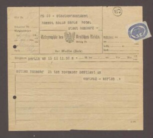 Telegramm von Herr Merten an Hermann Hummel: Vortragstermin, 1 Telegramm