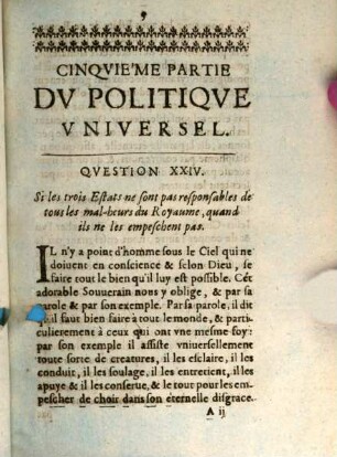 ... Partie Du Politique Universel Ou Brieve Et Absolue Decision de toutes les questions d'Estat les plus importantes, Cinquième partie