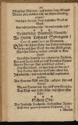 Brüderlicher Bündnüß-Wuntsch An Herrn Tohmas Sprengern ...