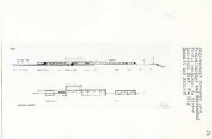 Freizeitanlage und Schwimmbad, Dorsten-Wulfen (Diplomarbeit bei Peter Poelzig): Freizeithaus, Ansicht von Westen und Schnitte