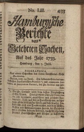 No. LIII. Hamburg, den 3. Julii 1733. - No. LXI. Hamburg, den 31. Julii 1733.