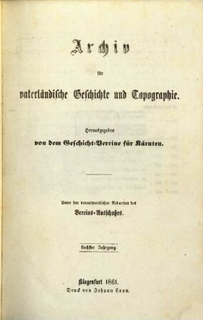 Archiv für vaterländische Geschichte und Topographie. 6, 6. 1861