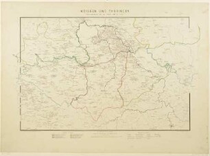 Landkarte über die historische Entwicklung von Meißen und Thüringen von 800 bis 1247, mit Legende und Maßstab in geographischen Meilen, aus dem Geographisch-historischen Atlas von Sachsen und Thüringen