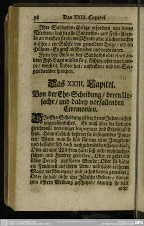 Das XXIII. Capitel. Von der Ehe-Scheidung, deren Ursache, und dabey vorfallenden Ceremonien