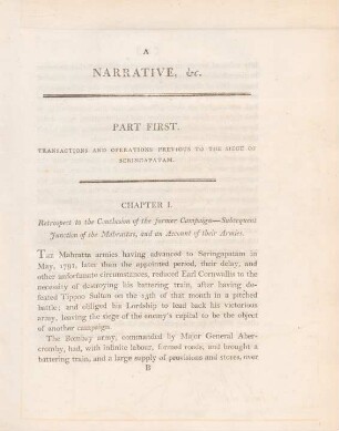 Part First. Transactions and operations previous to the siege of Seringapatam