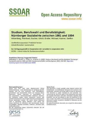 Studium, Berufswahl und Berufstätigkeit: Nürnberger Sozialwirte zwischen 1981 und 1994