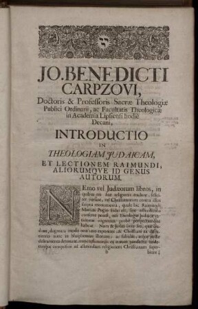 Jo. Benedicti Carpzovi ... Introductio In Theologiam Judaicam, ...