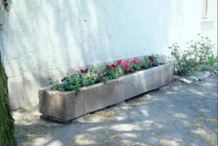 sehr langer Sandsteintrog, jetzt als Blumenbeet genutzt