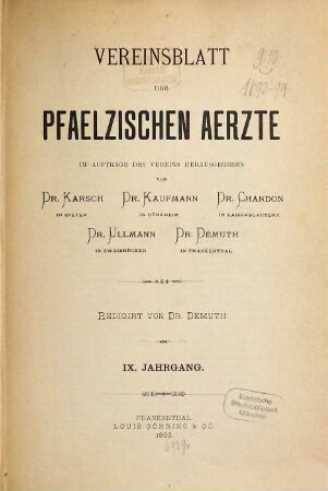 Vereinsblatt der Pfälzischen Ärzte. 9. 1893