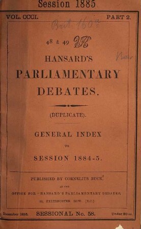 Hansard's parliamentary debates. General index to session. 1885