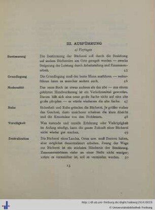 III. Ausführung der Bücherei.