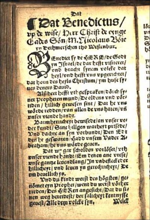 Dat Benedictus vp de wise / Herr Christ de eynge Gades Son / M. Nicolaus Boie yn Dethmerschen tho Weslenbur [Wesselburen].