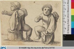 Zwei Ansichten eines Engels mit Helm, der die Hand ausstreckt