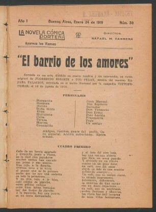 1919003000: El barrio de los amores : zarzuela en un acto, dividido en cuatro cuadros y un intermedio, en verso