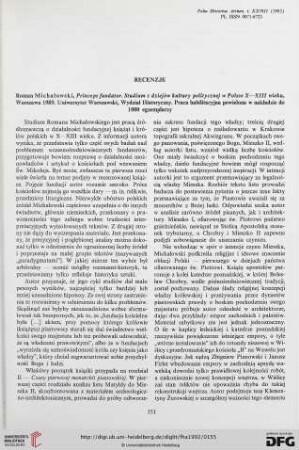 28: Roman Michałowski, "Princeps fundator. Studium z dziejów kultury politycznej w Polsce X-XIII wieku", Warsawa 1989 : [Rezension]