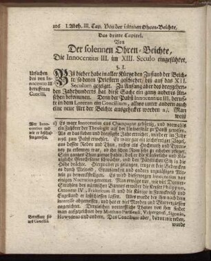 Das dritte Capitel. Von Der folennen Ohren-Beichte, Die Innocentius III. im XIII. Seculo eingeführet.
