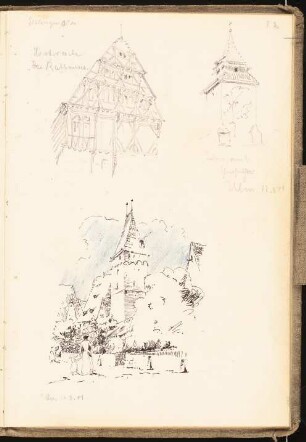 Skizzenbuch 1901: Rathaus in Esslingen, Turm und Straßenzug in Ulm, perspektivische Ansichten