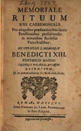 Memoriale rituum ... pro aliquibus Sacris functionibus persolvendis in minoribus ecclesiis parochialibus