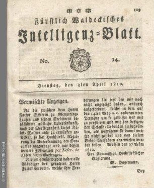 No. 14, Dienstag, den 3ten April 1810