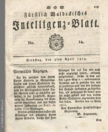 No. 14, Dienstag, den 3ten April 1810