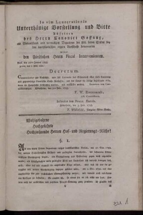 In vim Leuterationis Unterthänige Vorstellung und Bitte Abseiten des Herrn Canonici Goffaux, [...]