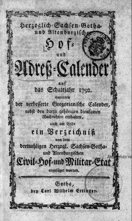 1792: Staatshandbücher für das Herzogtum Sachsen-Gotha