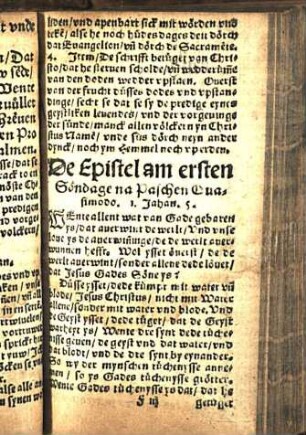 De Epistel am ersten Söndage na Paschen Cuasimodo. 1. Jahan. 5. [Euangelion am erste[n] Söndage na Paschen. Quasimodo. Joha[...] xx.]