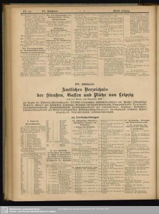 IV. Abschnitt. Amtliches Verzeichnis der Straßen, Gassen und Plätze von Leipzig