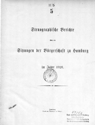 1926: Stenographischer Bericht über die ... Sitzung // Bürgerschaft der Freien und Hansestadt Hamburg