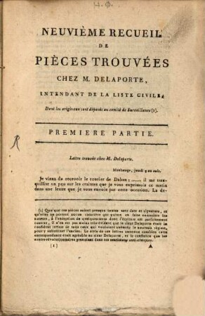 Neuvième Recueil De Pièces Trouvées Chez M. Delaporte, Intendant De La Liste Civile, Dont les originaux sont déposés au comité de Surveillance, 1