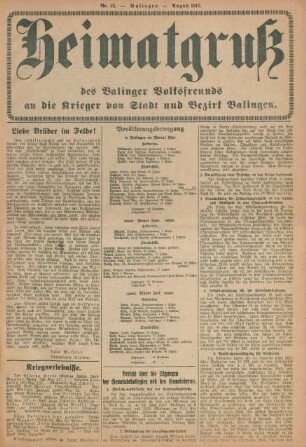 12.1917: Heimatgruß des Balinger Volksfreunds an die Krieger von Stadt und Bezirk Balingen