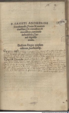 P. Favsti Andrelini Foroliuiensis, poetae & oratoris clarissimi De virtutibus cu[m] moralibus, tum intellectualibus, carme[n] dignissimum