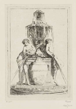 Brunnen mit zwei Nymphen, Delphinen und einem Putto, der an der Spitze des Brunnens eine Schildkröte über dem Kopf hält, Blatt 25 der Folge "Recueil de différents sujets"