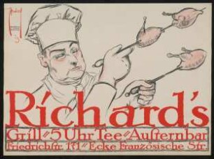 Richard's Grill. Koch mit aufgespießten Brathähnchen