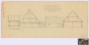 Reyersdorf ([Landkreis Habelschwerdt]): Hof Jaschke. - Wohnhaus (Querschnitt). - Einfahrt (Ansicht). - Auszüglerhaus (Seiten-Ansicht). - Scheune (Querschnitt)