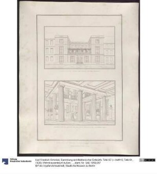 Sammlung architektonischer Entwürfe. Tafel 67 ( = Heft 10, Tafel 61, 1826): Wohnhausentwurf. Außen- und Innenansicht