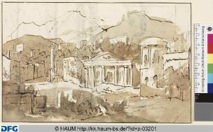 Theaterdekoration: Italienische Stadtansicht mit einem Tempel, im Hintergrund hohe Berge