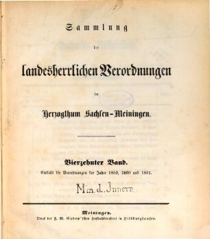 Sammlung der landesherrlichen Verordnungen im Herzogthum Sachsen-Meiningen. 14. 1859/61