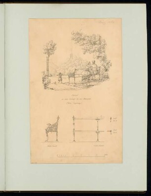 Sitzbank Monatskonkurrenz März 1866: Aufriss Vorderansicht , Seitenansicht, perspektivische Ansicht; Maßstabsleiste