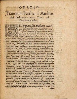 ORATIO TRANQVILLI PARTHENII ANDRONICI DALMATAE contra Turcas ad Germanos habita.