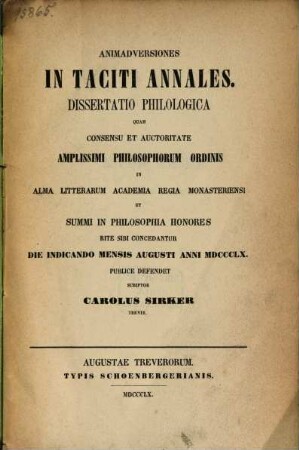 Animadversiones in Taciti annales : Dissertatio (inauguralis.)