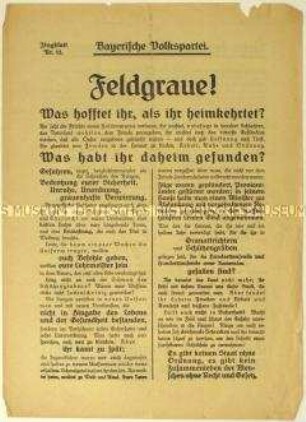 Aufruf der Bayerischen Volkspartei an Soldaten zum Beitritt und zur Wahl des bayerischen Landtags 1919