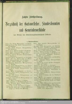 Achte. Abteilung. Verzeichnis der Gutsvorsteher, Standesbeamten und Gemeindevorstände der Dörfer der Amtshauptmannschaft Döbeln