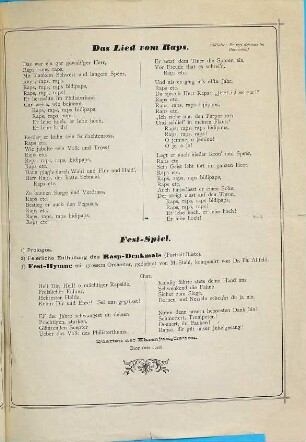 Festgesänge zu Ehren des 11jährigen Vorstandschaftsjubiläums von Carl Rasp gesungen auf der Festkneipe am 9. Januar 1884.