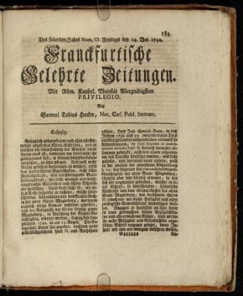 Num. CI. Freytags den 14. Dec. 1742 - Num. CIV. Freytags den 28. Dec. 1742