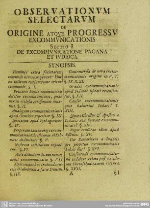 Sectio I. De excommunicatione pagana et iudaica