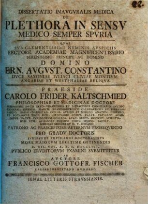 Diss. inaug. med. de plethora in sensu medico semper spuria